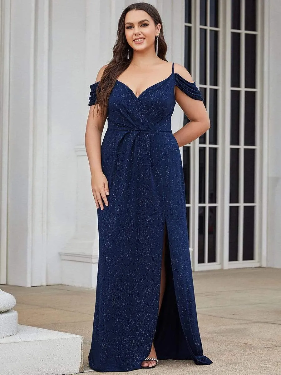 Plus Size V-Neck Cold Shoulder Floor-Length Evening Dress