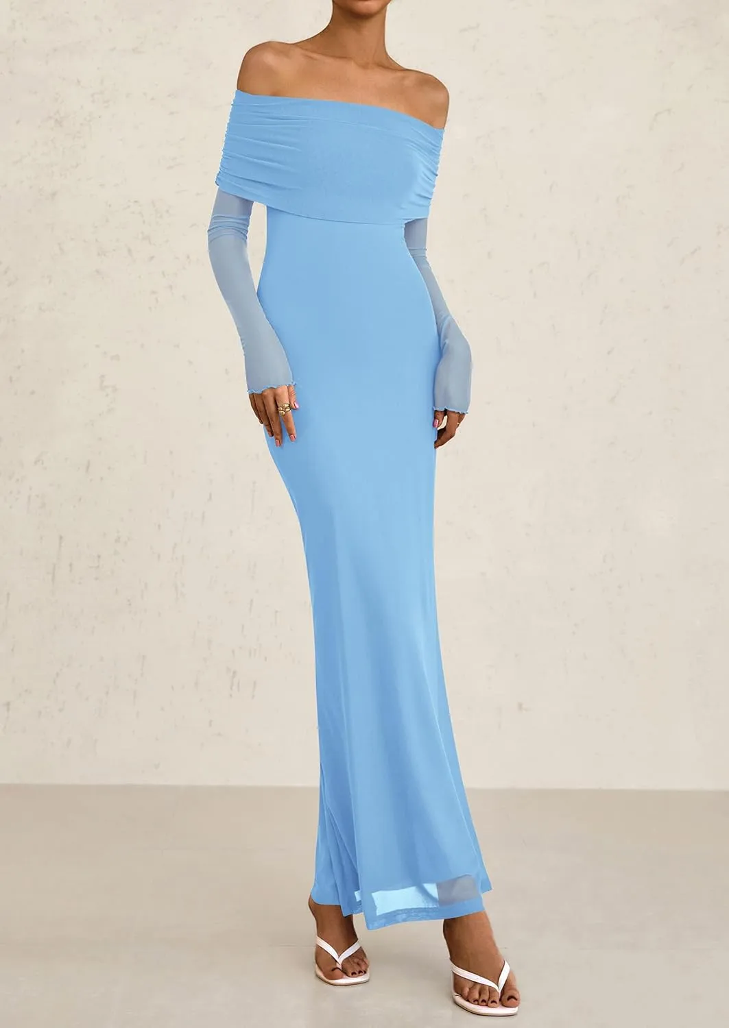 PRETTYGARDEN Long Sleeve Formal Dress for Women Summer 2025 Off The Shoulder Mesh Baby Shower Wedding Guest Dresses