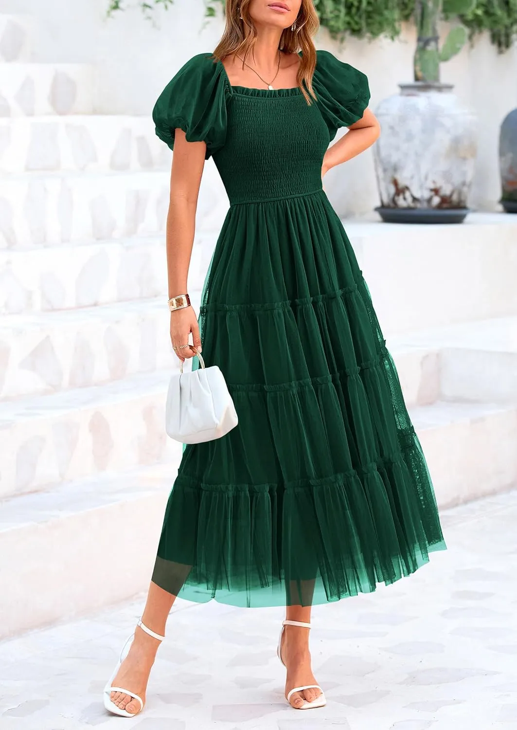 PRETTYGARDEN Women's Smocked Midi Tulle Dress 2025 Summer Puffy Short Sleeve Square Neck Ruffle Wedding Guest Party Dresses