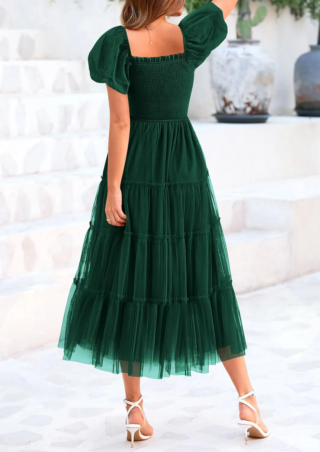 PRETTYGARDEN Women's Smocked Midi Tulle Dress 2025 Summer Puffy Short Sleeve Square Neck Ruffle Wedding Guest Party Dresses