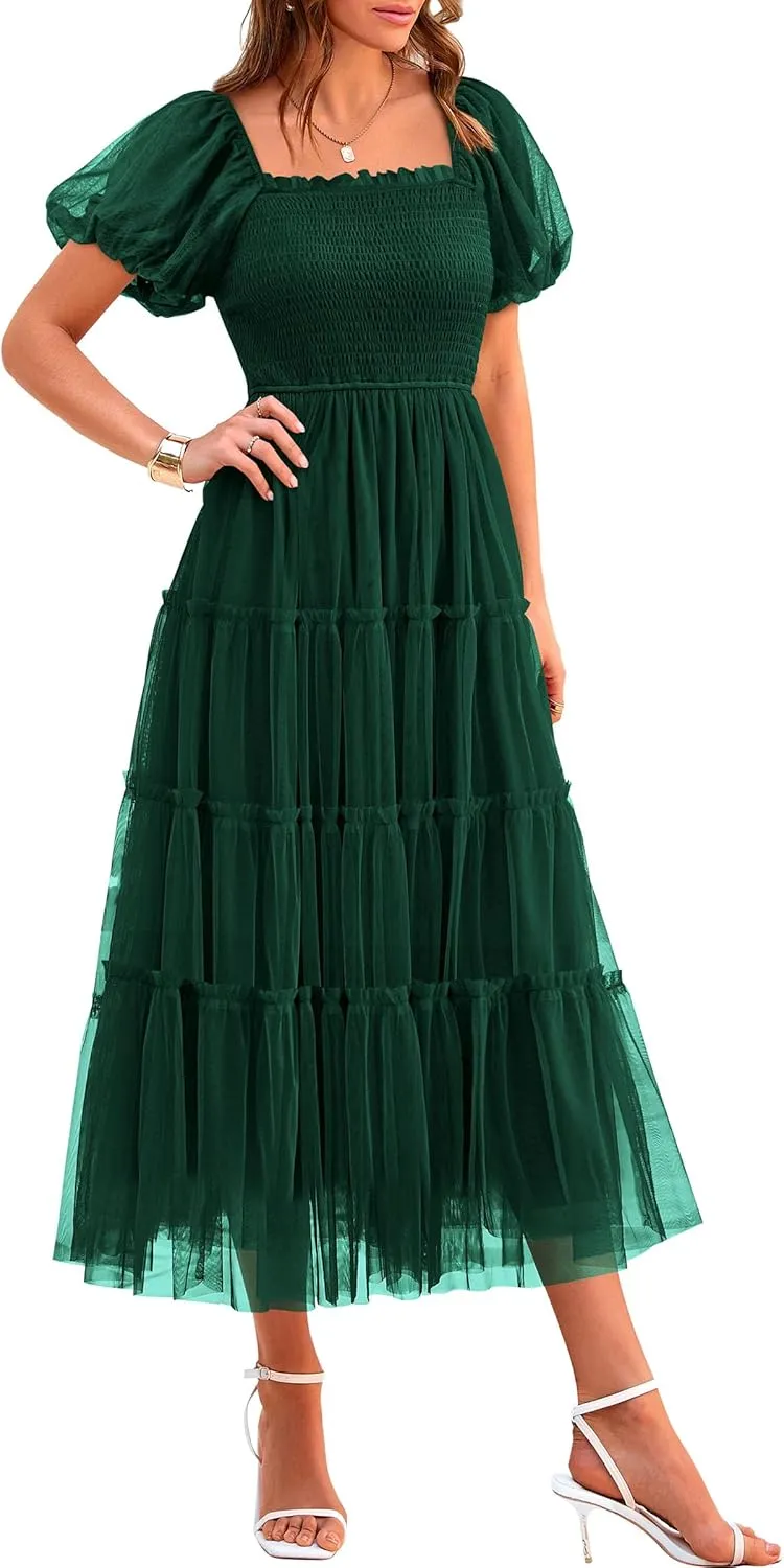 PRETTYGARDEN Women's Smocked Midi Tulle Dress 2025 Summer Puffy Short Sleeve Square Neck Ruffle Wedding Guest Party Dresses