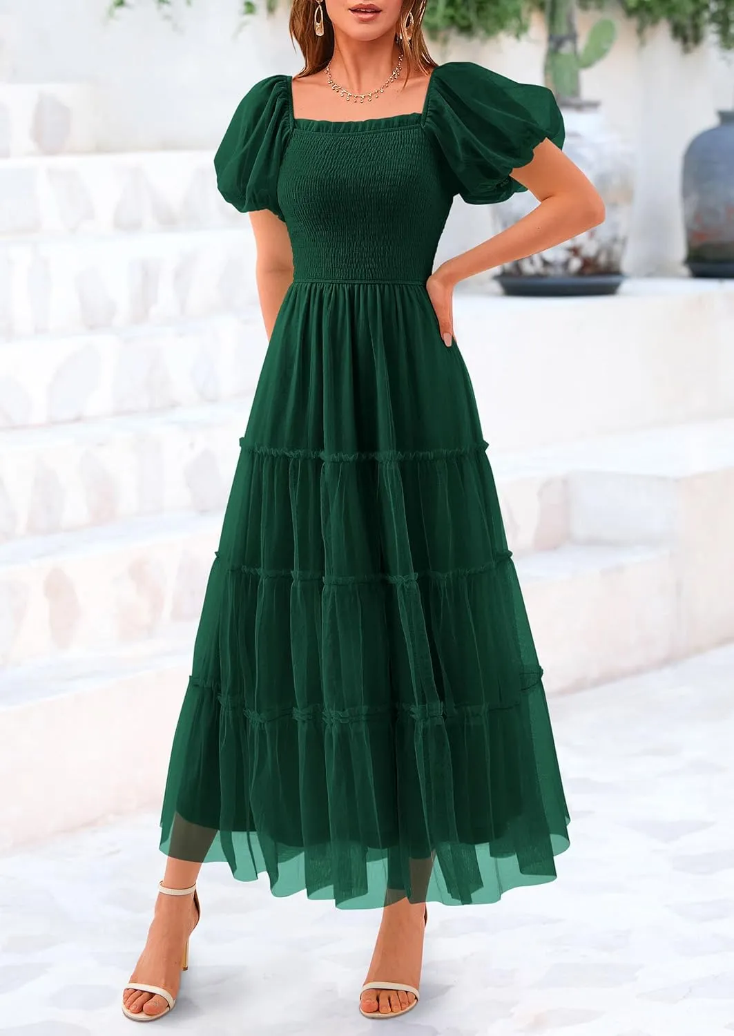 PRETTYGARDEN Women's Smocked Midi Tulle Dress 2025 Summer Puffy Short Sleeve Square Neck Ruffle Wedding Guest Party Dresses
