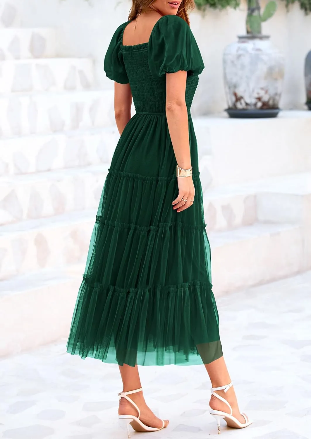 PRETTYGARDEN Women's Smocked Midi Tulle Dress 2025 Summer Puffy Short Sleeve Square Neck Ruffle Wedding Guest Party Dresses