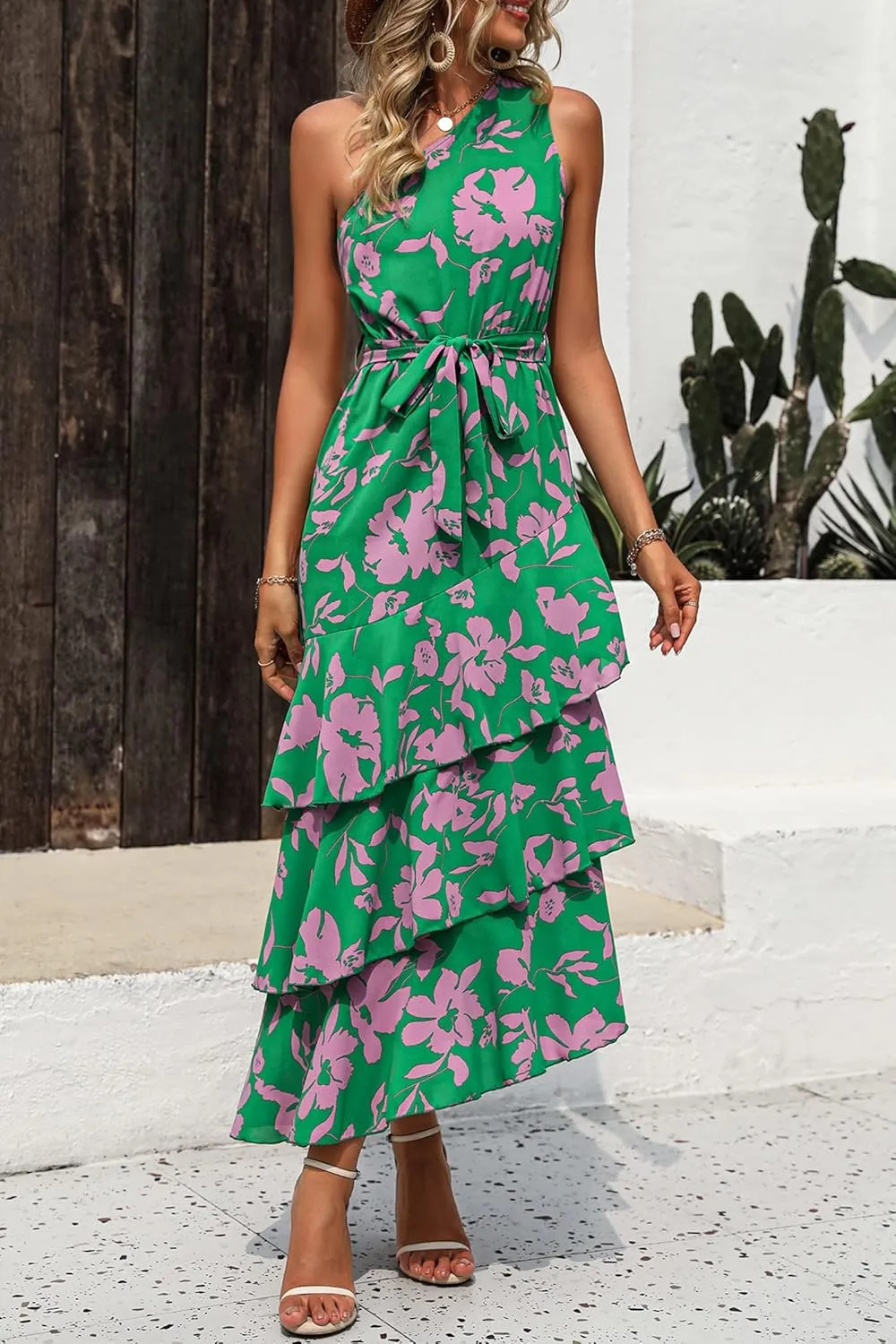 PRETTYGARDEN Women's Summer Floral Sundress Casual One Shoulder Tiered Ruffle Flowy Midi Beach Boho Dresses