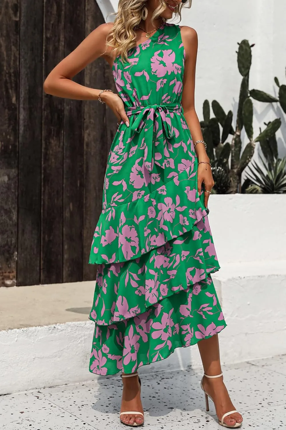 PRETTYGARDEN Women's Summer Floral Sundress Casual One Shoulder Tiered Ruffle Flowy Midi Beach Boho Dresses