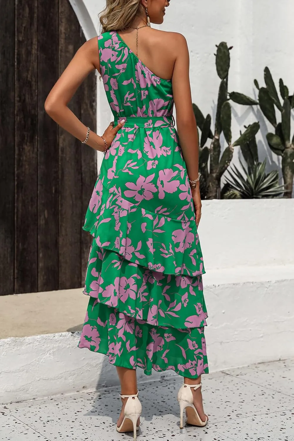 PRETTYGARDEN Women's Summer Floral Sundress Casual One Shoulder Tiered Ruffle Flowy Midi Beach Boho Dresses