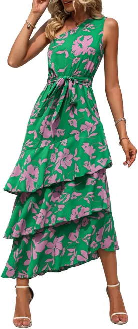 PRETTYGARDEN Women's Summer Floral Sundress Casual One Shoulder Tiered Ruffle Flowy Midi Beach Boho Dresses