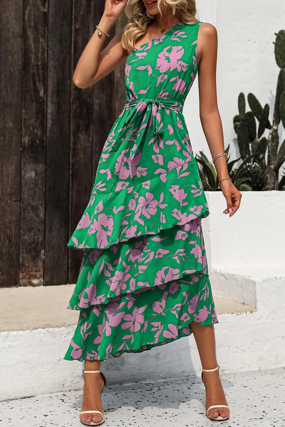 PRETTYGARDEN Women's Summer Floral Sundress Casual One Shoulder Tiered Ruffle Flowy Midi Beach Boho Dresses