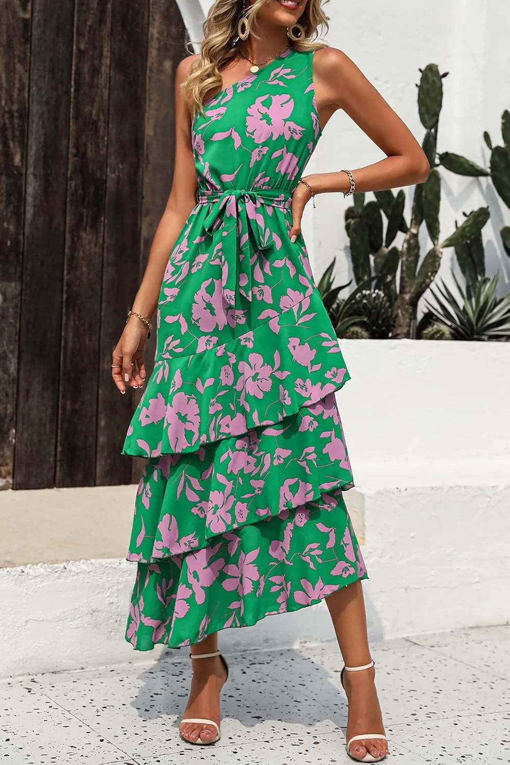 PRETTYGARDEN Women's Summer Floral Sundress Casual One Shoulder Tiered Ruffle Flowy Midi Beach Boho Dresses