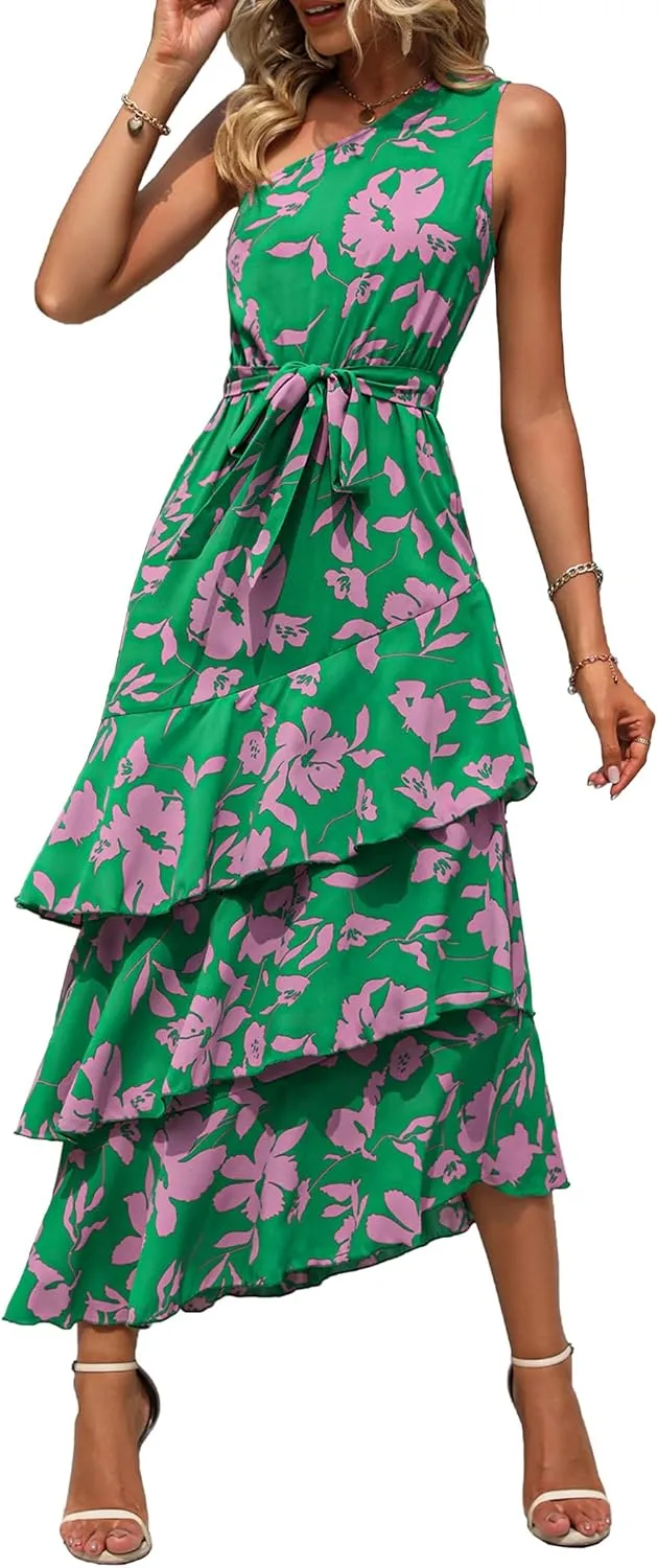PRETTYGARDEN Women's Summer Floral Sundress Casual One Shoulder Tiered Ruffle Flowy Midi Beach Boho Dresses