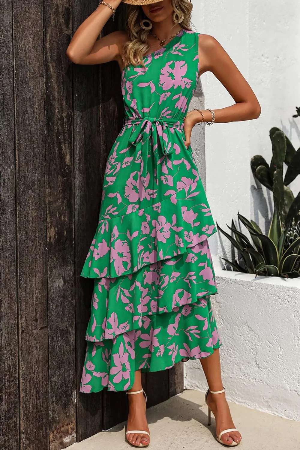 PRETTYGARDEN Women's Summer Floral Sundress Casual One Shoulder Tiered Ruffle Flowy Midi Beach Boho Dresses