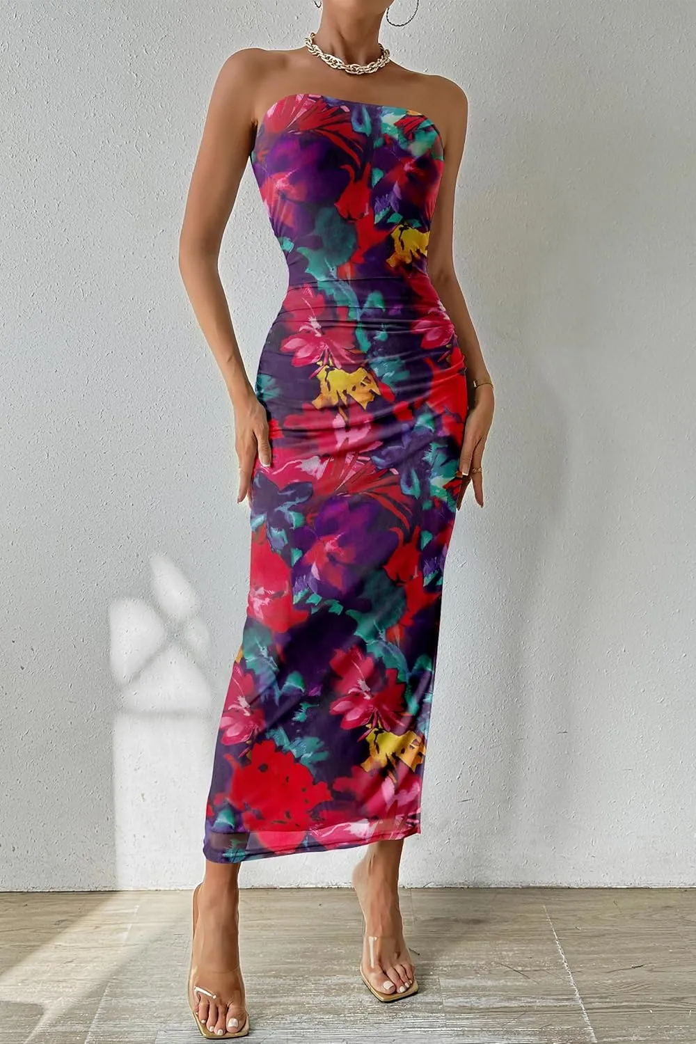 PRETTYGARDEN Women's Summer Maxi Bodycon Dresses Strapless Tube Top Slit Floral Printed Party Club Long Dress