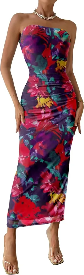 PRETTYGARDEN Women's Summer Maxi Bodycon Dresses Strapless Tube Top Slit Floral Printed Party Club Long Dress
