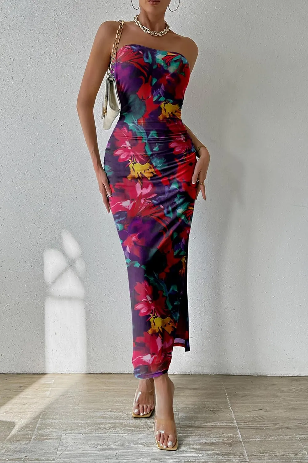 PRETTYGARDEN Women's Summer Maxi Bodycon Dresses Strapless Tube Top Slit Floral Printed Party Club Long Dress