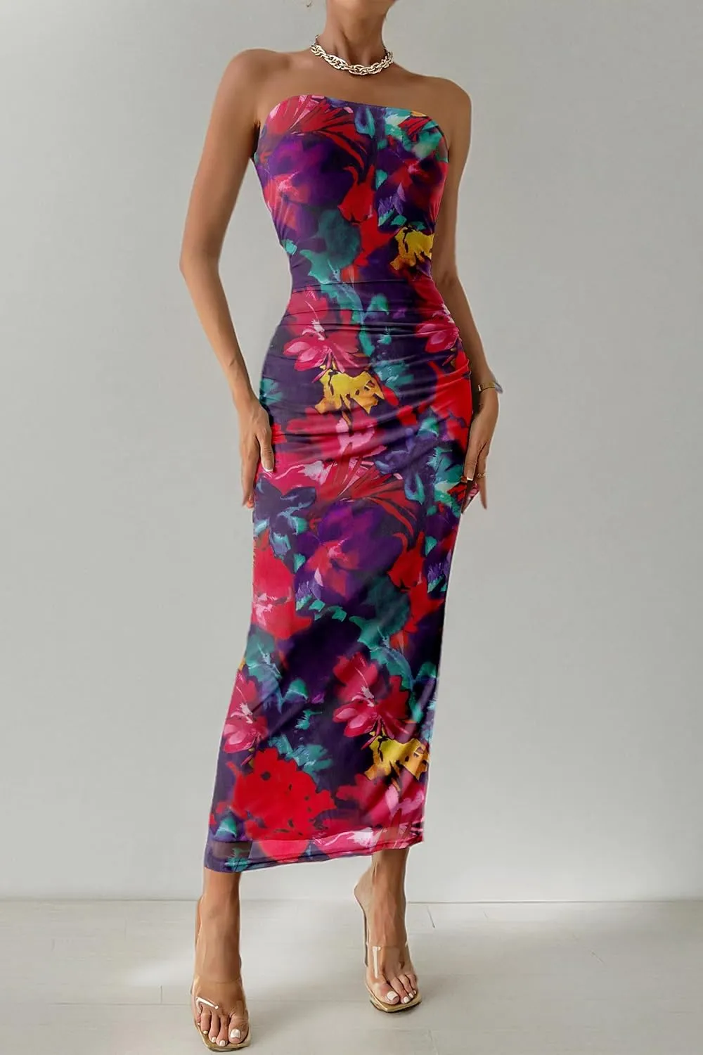 PRETTYGARDEN Women's Summer Maxi Bodycon Dresses Strapless Tube Top Slit Floral Printed Party Club Long Dress