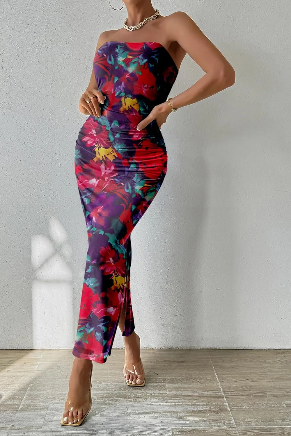 PRETTYGARDEN Women's Summer Maxi Bodycon Dresses Strapless Tube Top Slit Floral Printed Party Club Long Dress
