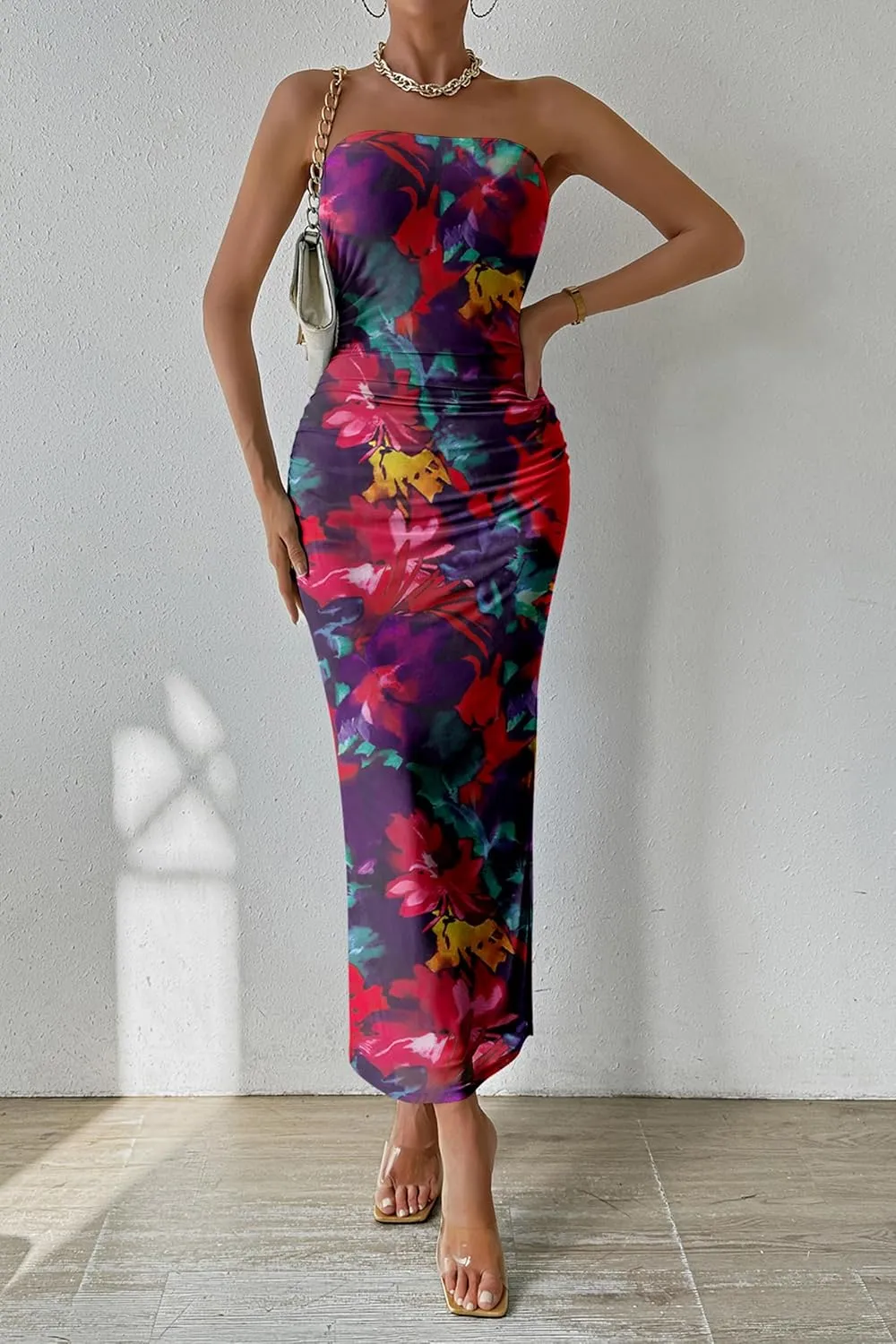 PRETTYGARDEN Women's Summer Maxi Bodycon Dresses Strapless Tube Top Slit Floral Printed Party Club Long Dress