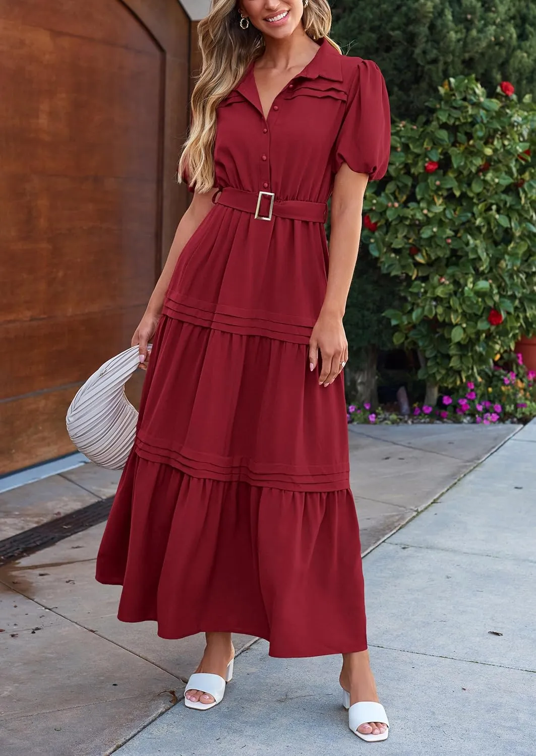 PRETTYGARDEN Women's Summer Maxi Dress Puff Short Sleeve Lapel V Neck Tiered A Line Flowy Elegant Party Dresses with Belt