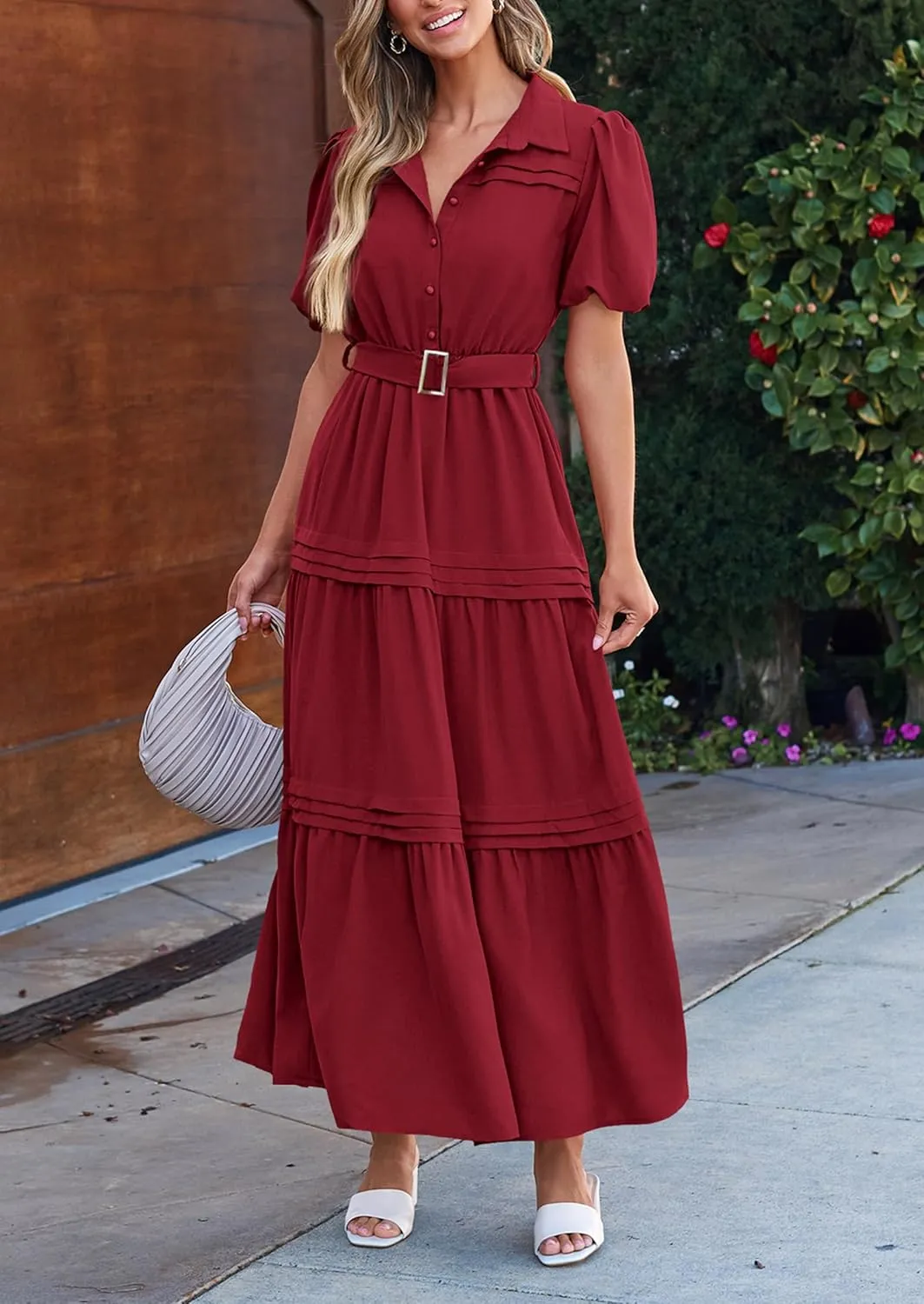 PRETTYGARDEN Women's Summer Maxi Dress Puff Short Sleeve Lapel V Neck Tiered A Line Flowy Elegant Party Dresses with Belt