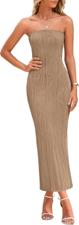 PRETTYGARDEN Womens Summer Maxi Dress Textured Bodycon Tube Off Shoulder Strapless Back Slit Long Party Dresses