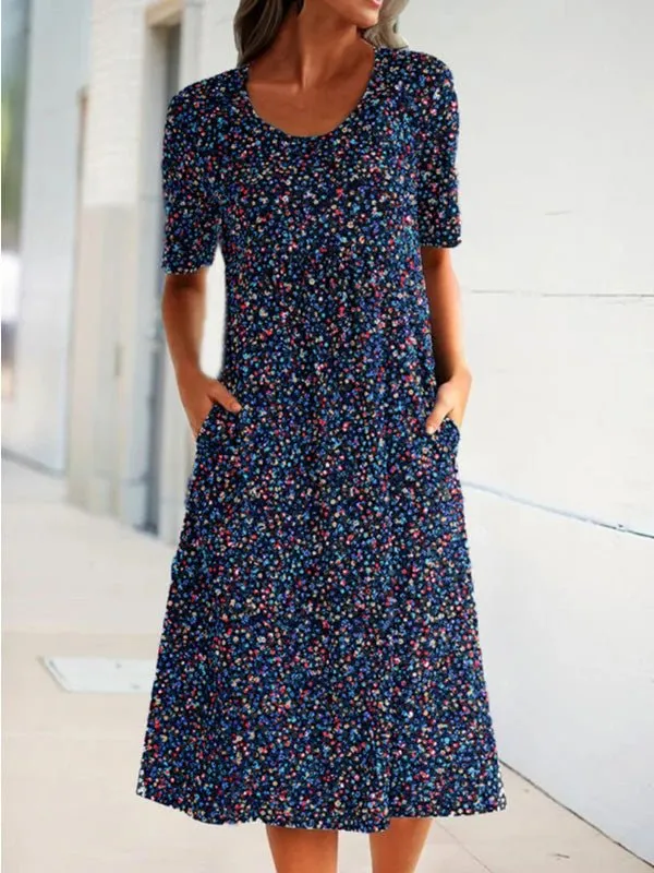 Printed Crew Neck Short Sleeve Pocket Dress
