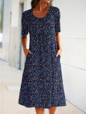 Printed Crew Neck Short Sleeve Pocket Dress