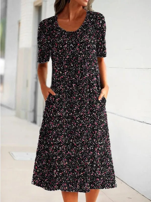 Printed Crew Neck Short Sleeve Pocket Dress