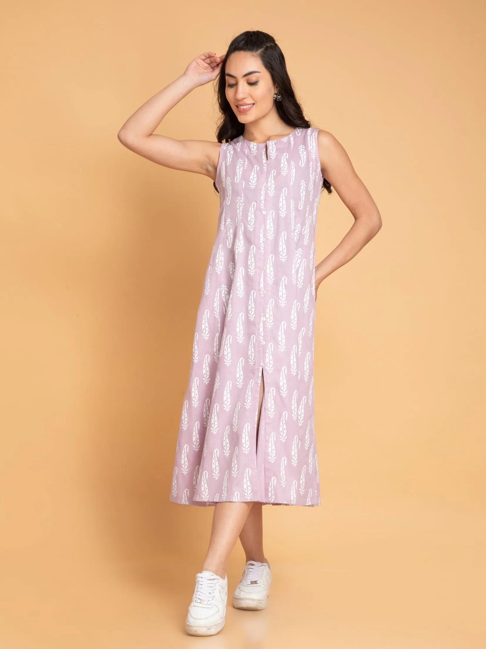 PRINTED KALIDAR LONG DRESS EMBELLISHED WITH BUTTON DETAILS