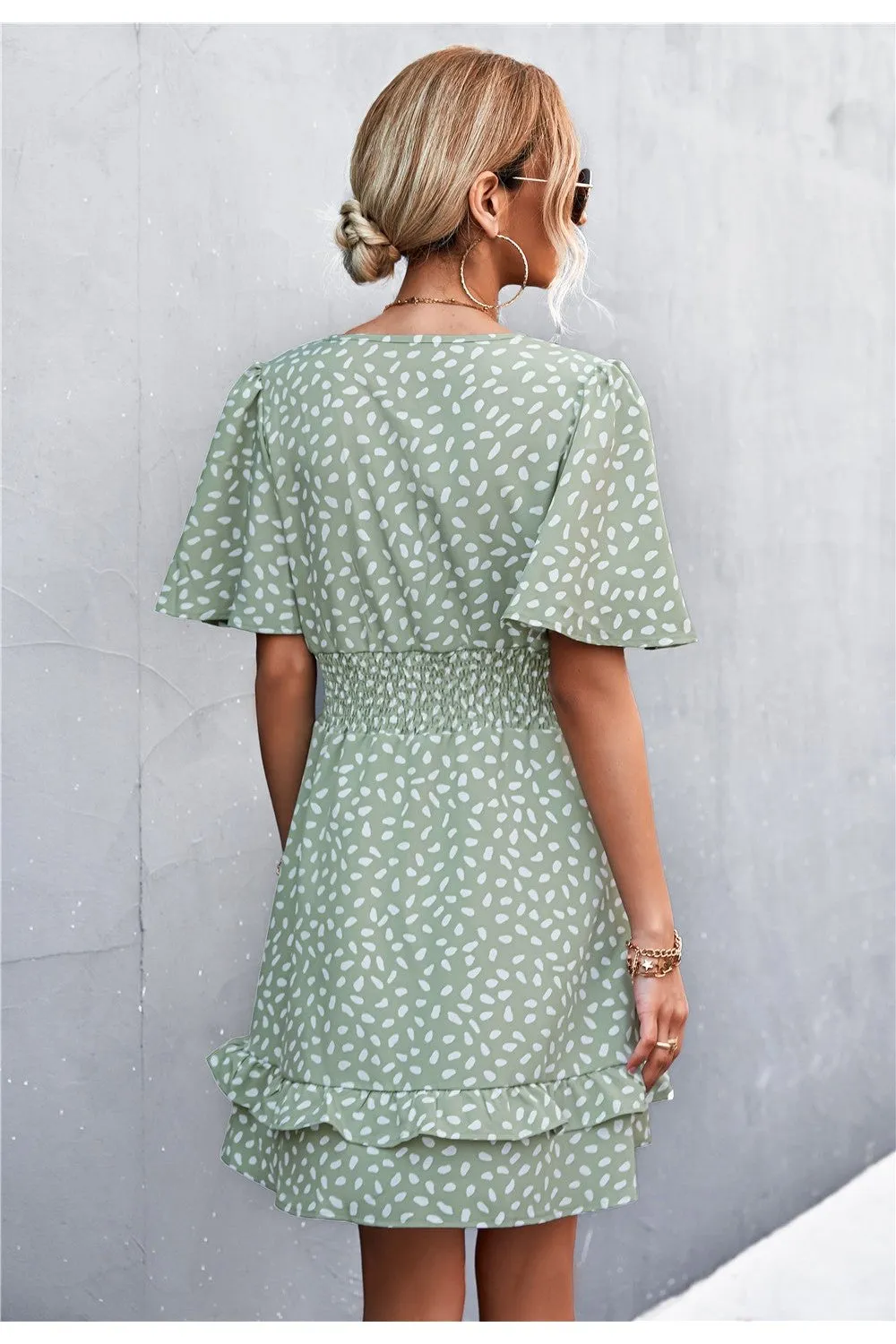 Printed Smocked Waist Layered Surplice Dress