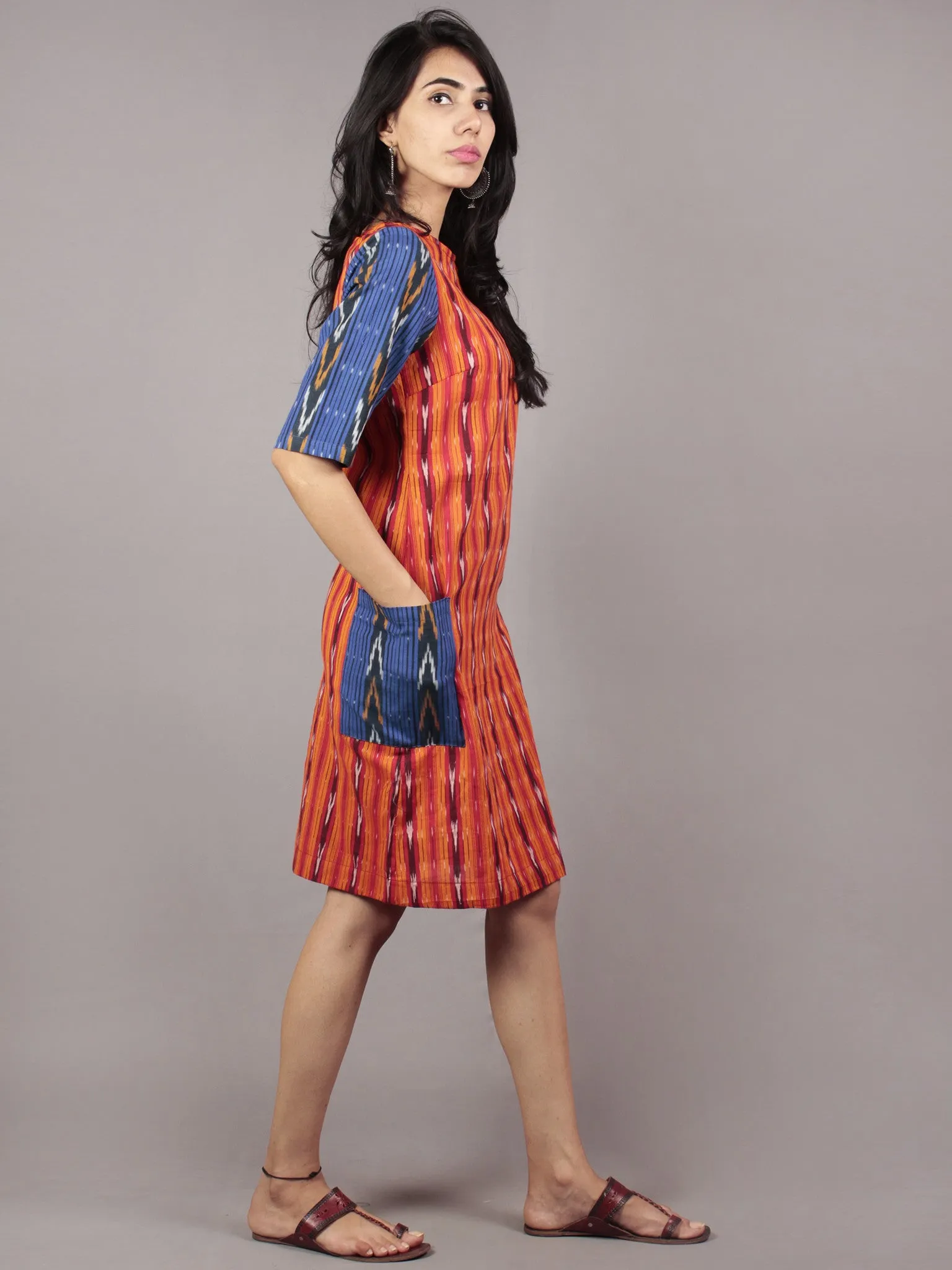 Red Orange Blue Ivory Black Handwoven Ikat Cotton Dress With Side Pockets & Black Slit - D66F719