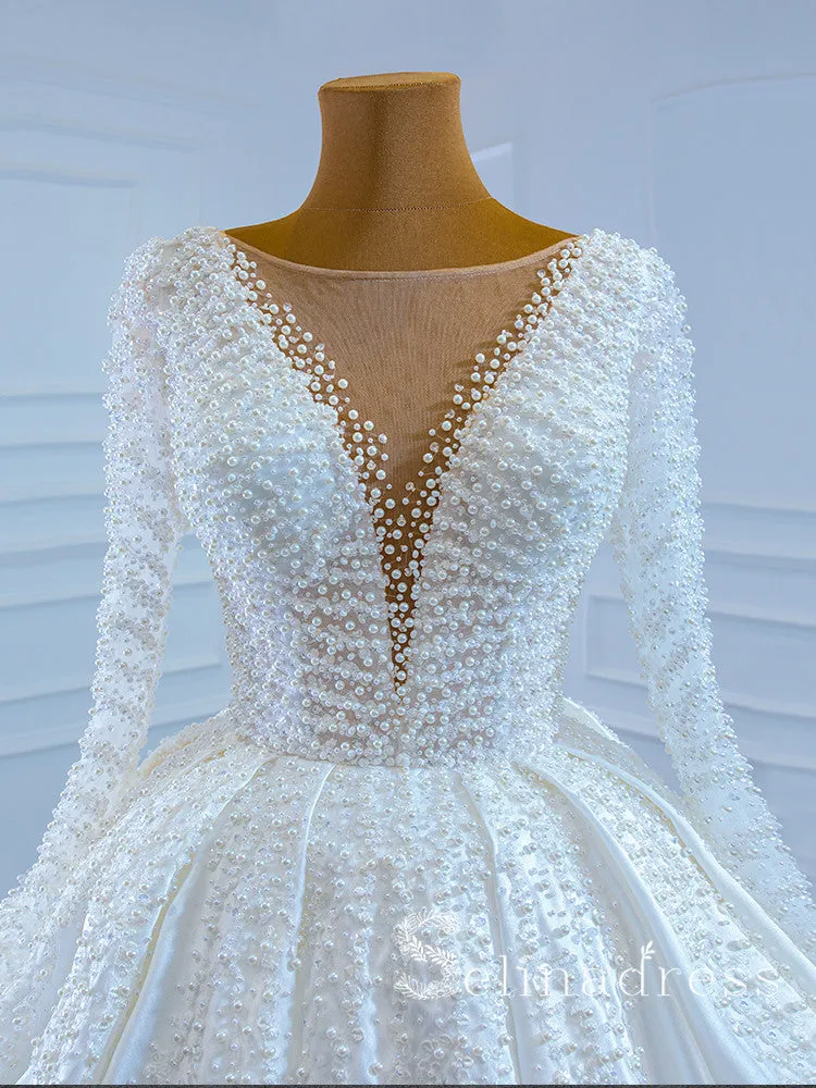 Selinadress Scoop Long Sleeve Beaded Wedding Dress Unique White Bridal Gowns SPL67210