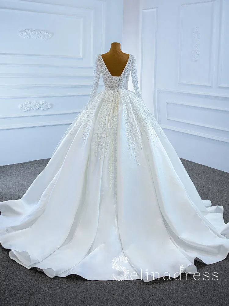Selinadress Scoop Long Sleeve Beaded Wedding Dress Unique White Bridal Gowns SPL67210