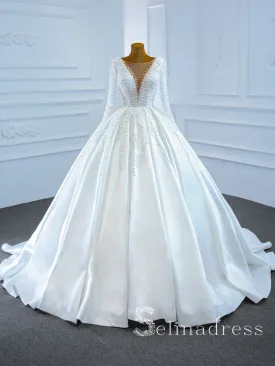 Selinadress Scoop Long Sleeve Beaded Wedding Dress Unique White Bridal Gowns SPL67210