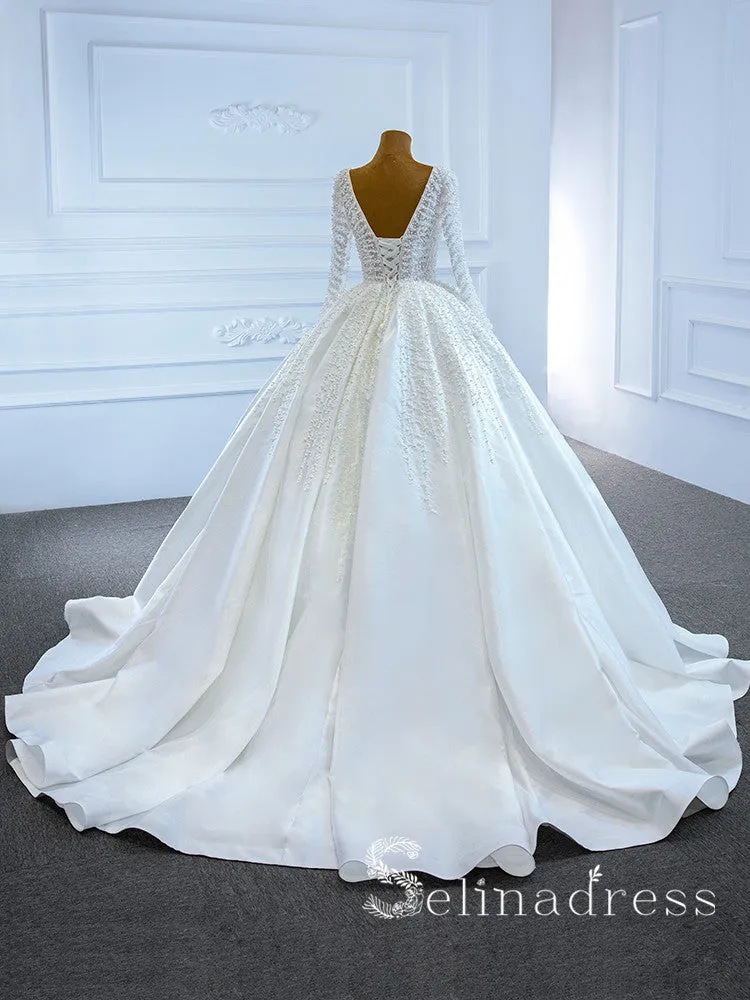 Selinadress Scoop Long Sleeve Beaded Wedding Dress Unique White Bridal Gowns SPL67210