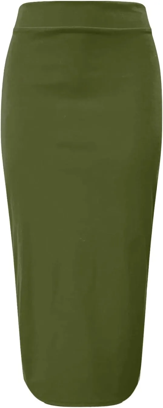 Sexy Solid Color Side Slit Knit High Waist Mid Calf Long Pencil Midi Skirt for Women High Waist Stretchy Bodycon Skirts