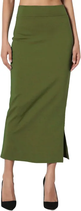 Sexy Solid Color Side Slit Knit High Waist Mid Calf Long Pencil Midi Skirt for Women High Waist Stretchy Bodycon Skirts