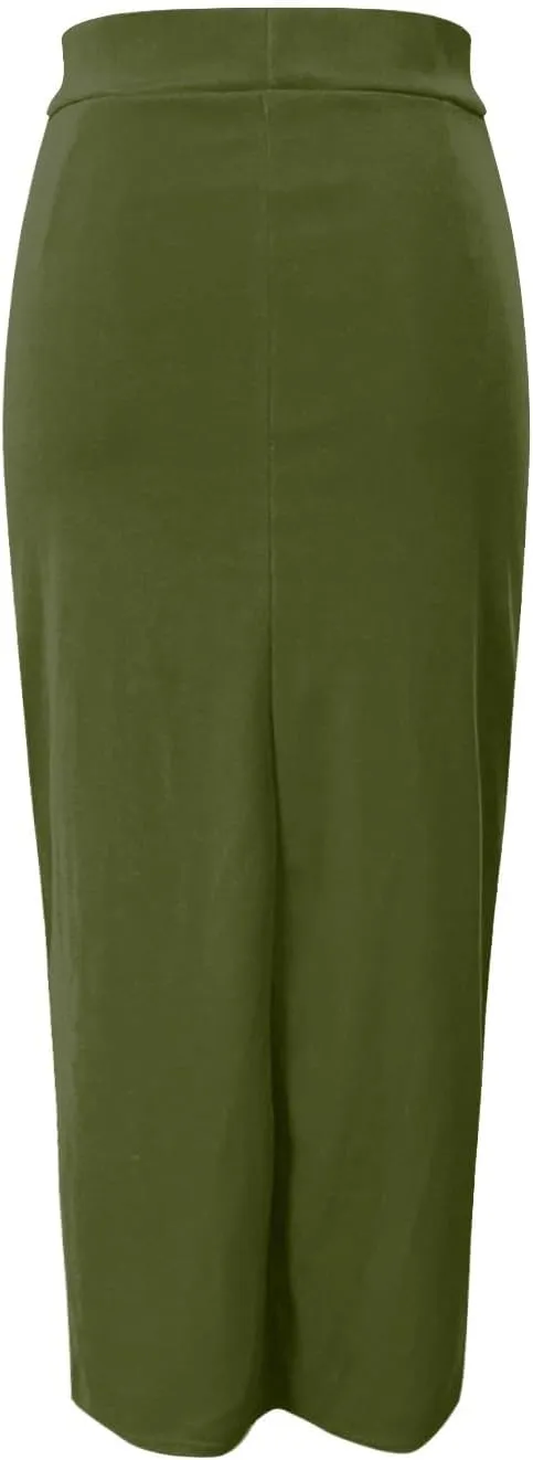 Sexy Solid Color Side Slit Knit High Waist Mid Calf Long Pencil Midi Skirt for Women High Waist Stretchy Bodycon Skirts