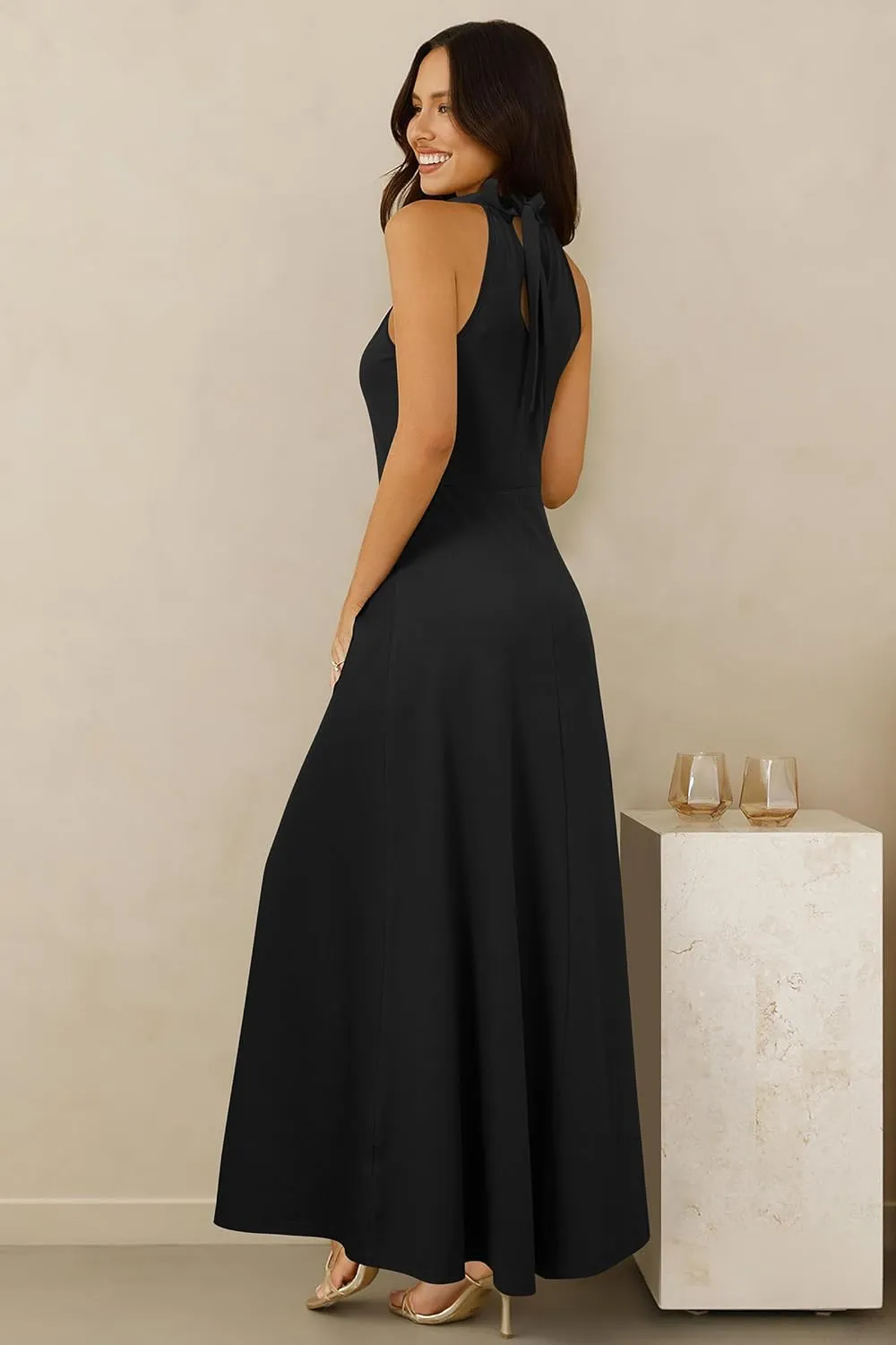 STYLEWORD Women's Summer 2025 Maxi Dress Floral Halter Neck Sexy Party Wedding Guest Long Formal Dress