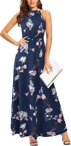 STYLEWORD Women's Summer 2025 Maxi Dress Floral Halter Neck Sexy Party Wedding Guest Long Formal Dress