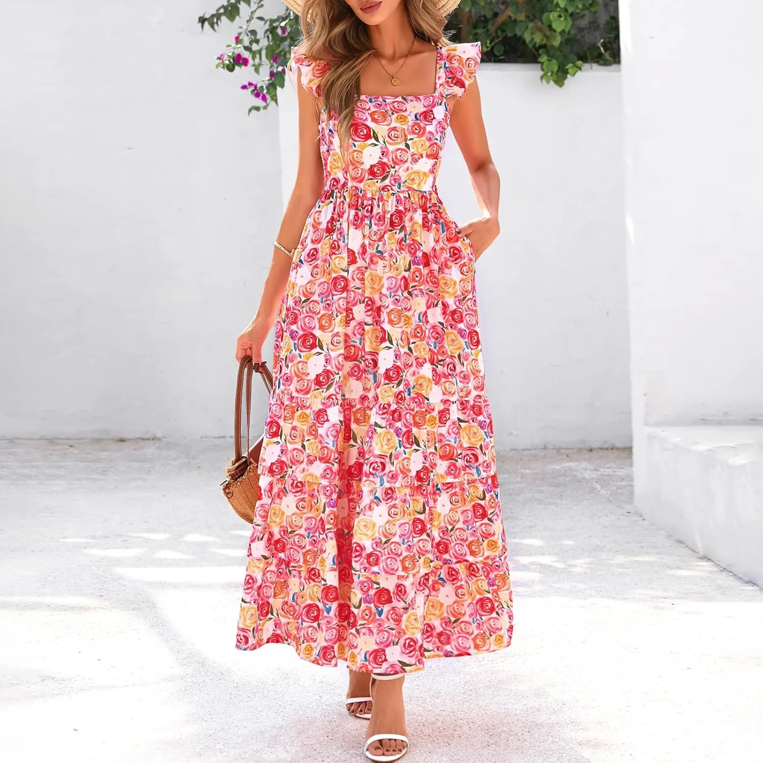 Summer Dresses for Women 2025 Floral Maxi Dress Cap Sleeve V Neck Ruffle Flowy Dresses Boho Beach Vacation Sundress