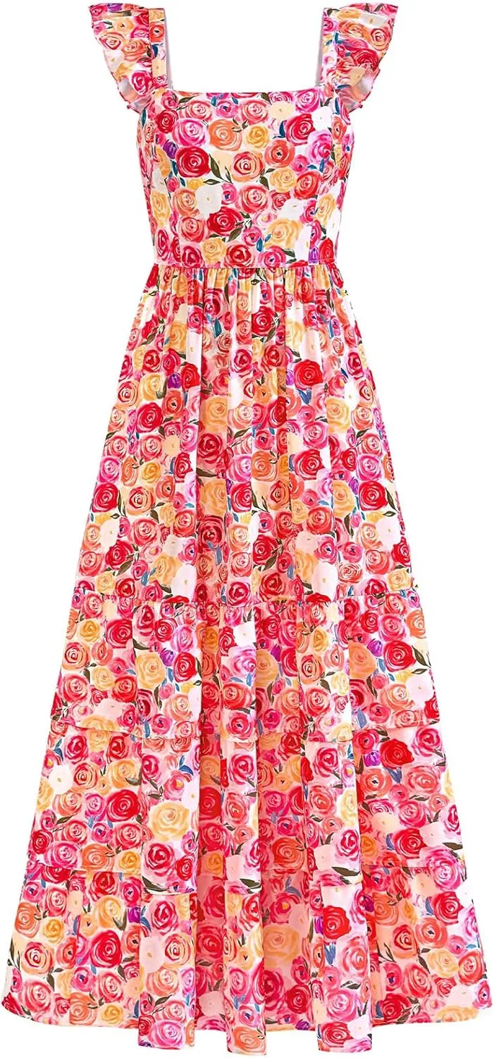 Summer Dresses for Women 2025 Floral Maxi Dress Cap Sleeve V Neck Ruffle Flowy Dresses Boho Beach Vacation Sundress