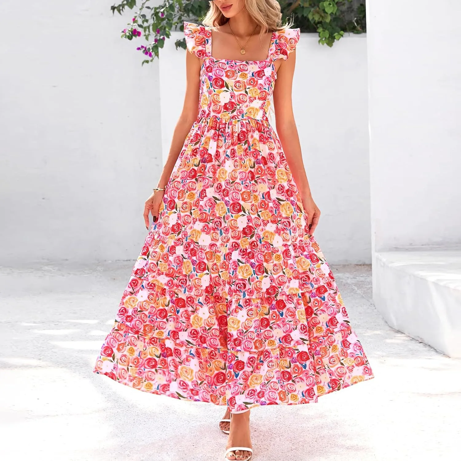 Summer Dresses for Women 2025 Floral Maxi Dress Cap Sleeve V Neck Ruffle Flowy Dresses Boho Beach Vacation Sundress
