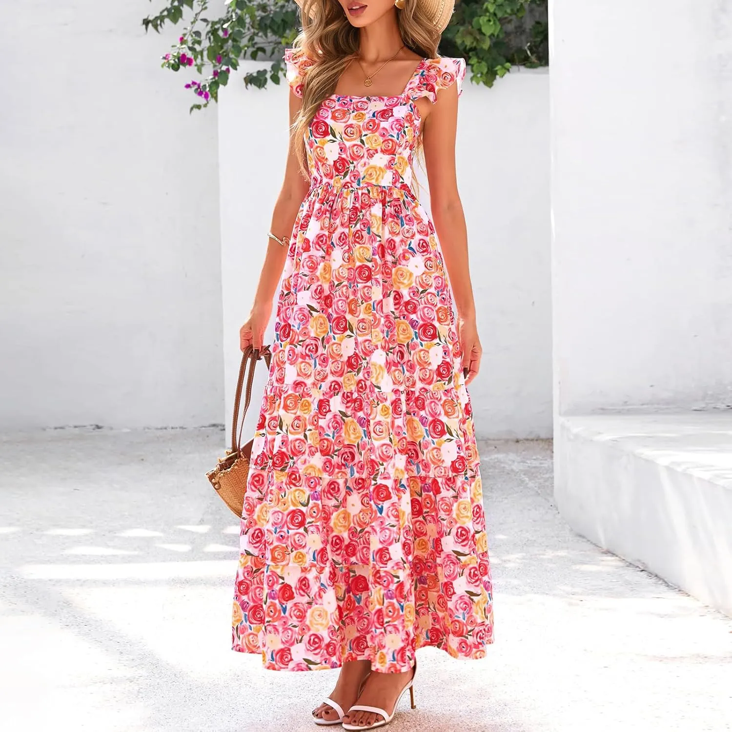 Summer Dresses for Women 2025 Floral Maxi Dress Cap Sleeve V Neck Ruffle Flowy Dresses Boho Beach Vacation Sundress