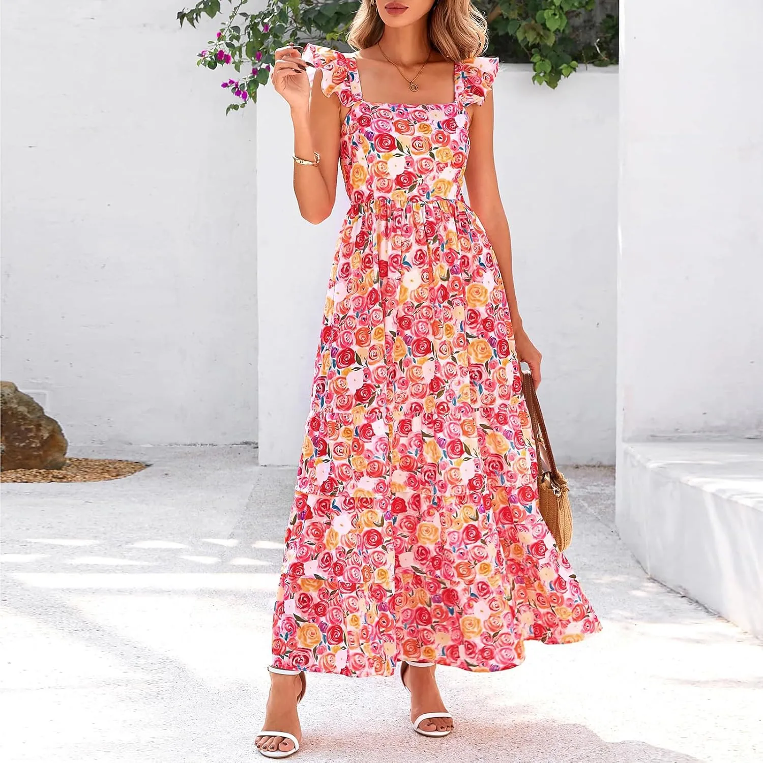 Summer Dresses for Women 2025 Floral Maxi Dress Cap Sleeve V Neck Ruffle Flowy Dresses Boho Beach Vacation Sundress