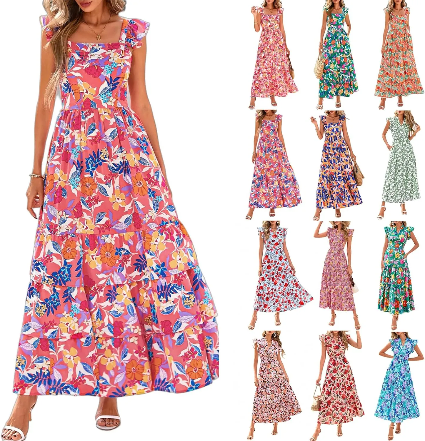Summer Dresses for Women 2025 Floral Maxi Dress Cap Sleeve V Neck Ruffle Flowy Dresses Boho Beach Vacation Sundress