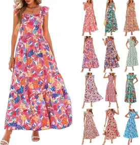 Summer Dresses for Women 2025 Floral Maxi Dress Cap Sleeve V Neck Ruffle Flowy Dresses Boho Beach Vacation Sundress