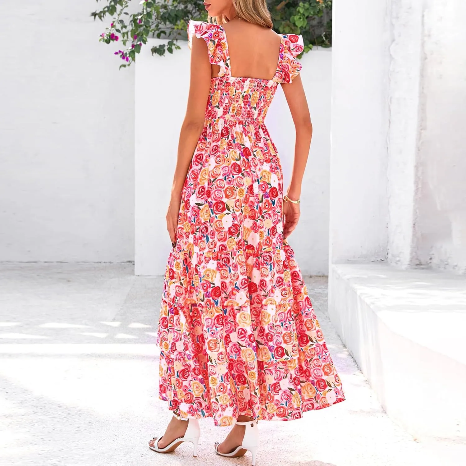 Summer Dresses for Women 2025 Floral Maxi Dress Cap Sleeve V Neck Ruffle Flowy Dresses Boho Beach Vacation Sundress