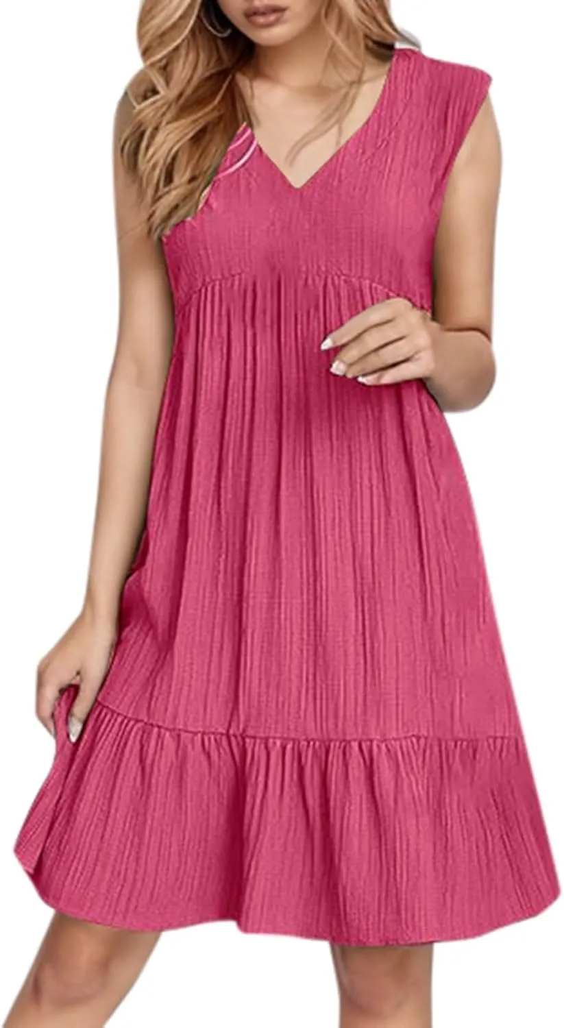 Summer Dresses for Women 2025 Sleeveless V Neck Knee Length Patchwork Pleated Ruffle Flowy Beach Sundresses