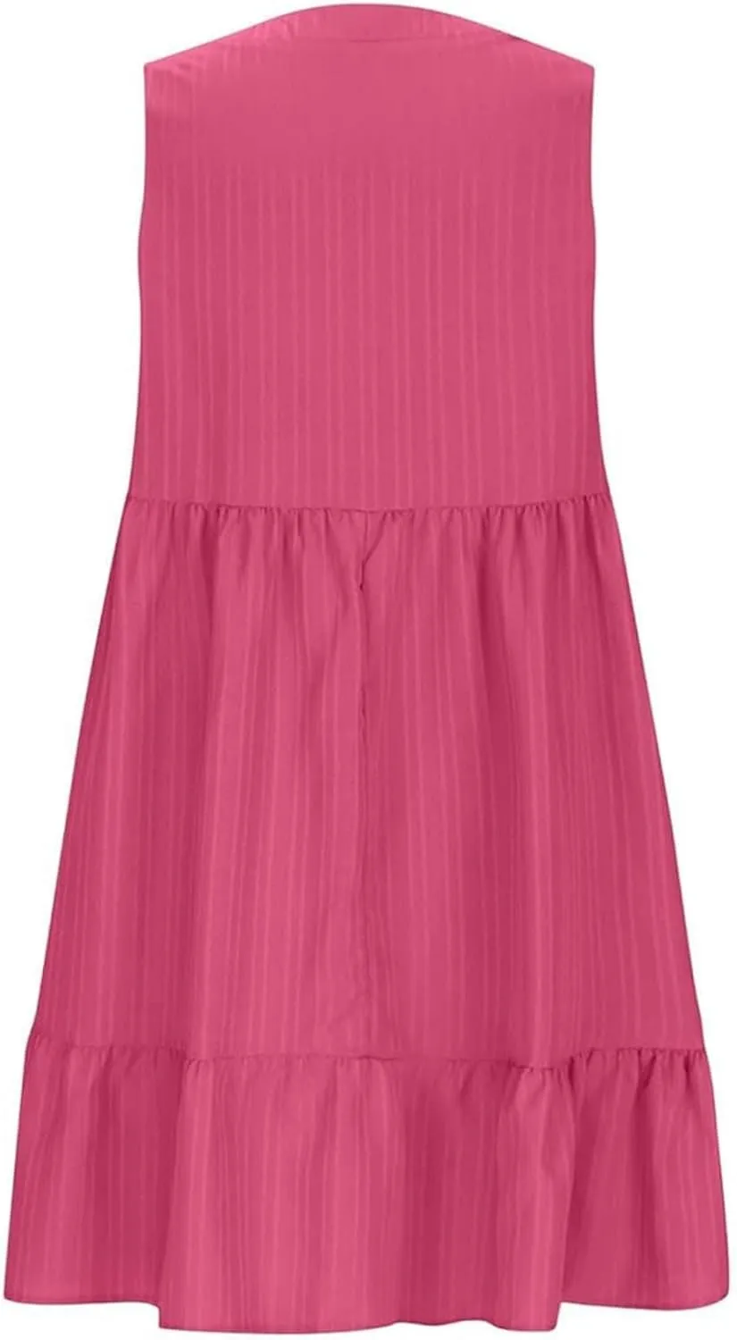 Summer Dresses for Women 2025 Sleeveless V Neck Knee Length Patchwork Pleated Ruffle Flowy Beach Sundresses