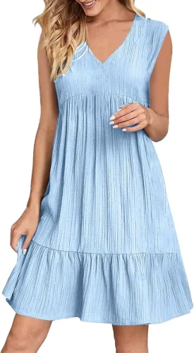 Summer Dresses for Women 2025 Sleeveless V Neck Knee Length Patchwork Pleated Ruffle Flowy Beach Sundresses